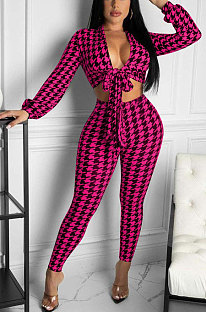 Rose Red Women Sexy Printing Long Sleeve V Collar Tied Bodycon Pants Sets FFE183-3