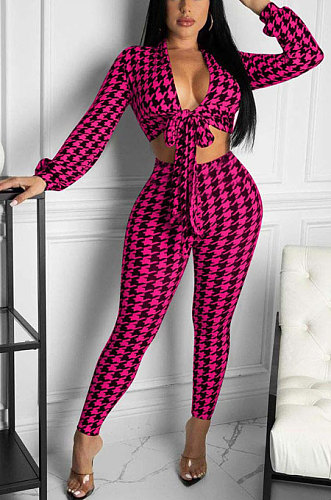 Rose Red Women Sexy Printing Long Sleeve V Collar Tied Bodycon Pants Sets FFE183-3