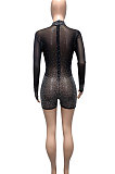 Apricot Women Long Sleeve Round Collar Hot Drilling Sexy Mesh Spaghetti Romper Shorts Q943-3