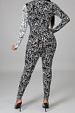 Blue Yellow Wholesale Contarstcolor Spliced Letter Printing Long Sleeve V Collar Beltband Bodycon Jumpsuits TL6611-1