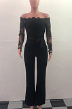 Black Bodycon Long Sleeve Embroidered Lace Patchwork Strapless Wide Leg Jumpsuits QZ3227-3