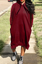 Wine Red Cotton Blend Casual Pure Color Long Sleeve Loose Hooded Dress H1726-1