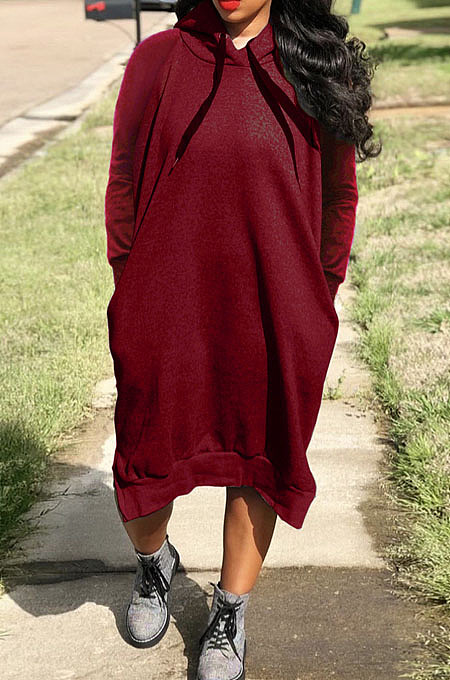 Wine Red Cotton Blend Casual Pure Color Long Sleeve Loose Hooded Dress H1726-1