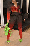Red Women Fashion Gradient Long Sleeve Turn-Down Collar Single-Breasted Pants Sets FFE185-1