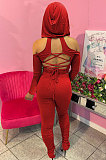 Red Casual Cotton Blend Off Shoulder Long Sleeve Back Bandage Hoodie High Waist Slit Ruffle Pants Solid Color Sets WM21907-2