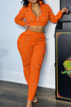 Orange Women Autumn Hole Zipper Tops Coat Pure Color Mid Waist Pants Sets Q964-2
