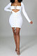 White Women Long Sleeve Autumn Ribber Eyelet Tied Solid Color Bodycon Mini Dress Q965-1
