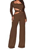 Brow Sexy Cotton Blend Pure Color Long Sleeve Hollow Out Wide Leg Jumpsuits QZ6128-1