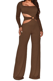 Brow Sexy Cotton Blend Pure Color Long Sleeve Hollow Out Wide Leg Jumpsuits QZ6128-1