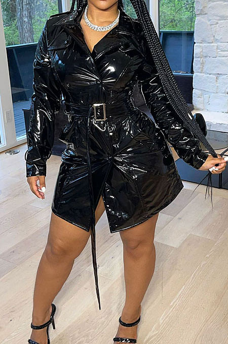 Black Fashion Winter Thicken PU Long Sleeve Lapel Neck With Beltband Dress QZ3327-1