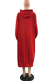Wine Red Cotton Blend Casual Pure Color Long Sleeve Loose Hooded Dress H1726-1
