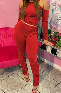 Red Casual Cotton Blend Off Shoulder Long Sleeve Back Bandage Hoodie High Waist Slit Ruffle Pants Solid Color Sets WM21907-2