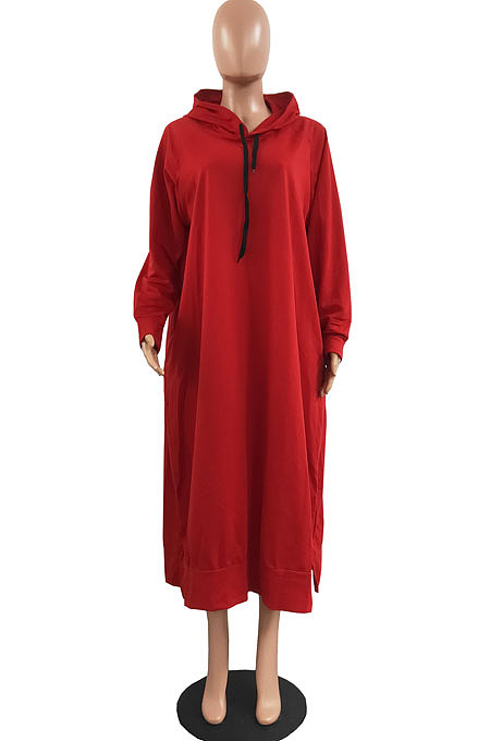Blue Cotton Blend Casual Pure Color Long Sleeve Loose Hooded Dress H1726-5