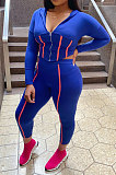 Red Sports Whoelsale Strip Line Spliced Long Sleeve Zip Hoodie Pencil Pants Slim Fitting Sets WM21818-3