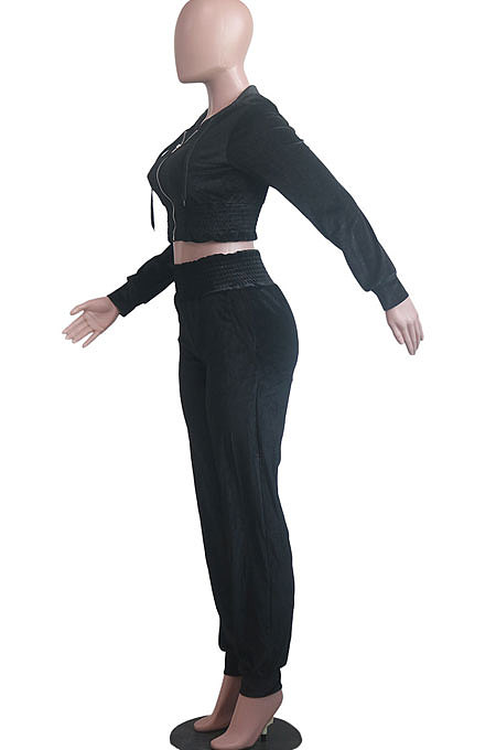 Wine Red Casual Velvet Pure Color Long Sleeve Zip Front Hoodie High Waist Elasticbelt Sweat Pants Sets SY8826-1