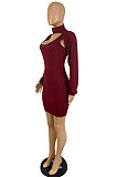 Wine Red Sexy Simple Pure Color Lantern Sleeve Half A Shawl+Bodycon Hip Dress Two-Piece TL6617-2