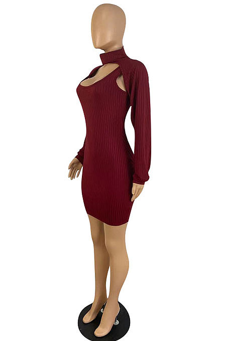 Wine Red Sexy Simple Pure Color Lantern Sleeve Half A Shawl+Bodycon Hip Dress Two-Piece TL6617-2