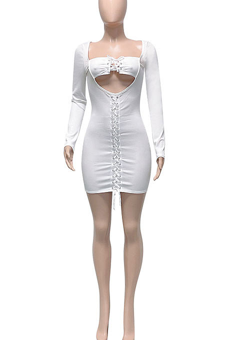 Red Women Long Sleeve Autumn Ribber Eyelet Tied Solid Color Bodycon Mini Dress Q965-2