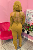 Red Casual Cotton Blend Off Shoulder Long Sleeve Back Bandage Hoodie High Waist Slit Ruffle Pants Solid Color Sets WM21907-2