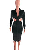 Orange Fashion Velvet Elastic Long Sleeve Deep V Neck Hollow Out Wrap Dress QZ7004-3