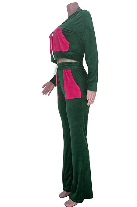 Dark Green Women Trendy Color Matching Crop Zipper Velvet Flare Leg Pants Sets MDF5265