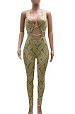 Khaki Trendy Sexy Printing Sleeveless Hollow Out Tight Skinny Mid Waist Bodycon Jumpsuits CCY9236-1