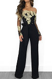 Black Gold Side Bodycon Long Sleeve Embroidered Lace Patchwork Strapless Wide Leg Jumpsuits QZ3227-2