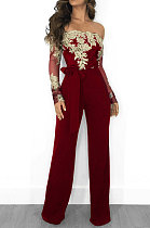 Wine Red Bodycon Long Sleeve Embroidered Lace Patchwork Strapless Wide Leg Jumpsuits QZ3227-1