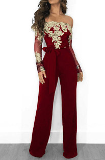 Wine Red Bodycon Long Sleeve Embroidered Lace Patchwork Strapless Wide Leg Jumpsuits QZ3227-1