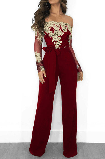 Wine Red Bodycon Long Sleeve Embroidered Lace Patchwork Strapless Wide Leg Jumpsuits QZ3227-1