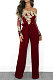 Wine Red Bodycon Long Sleeve Embroidered Lace Patchwork Strapless Wide Leg Jumpsuits QZ3227-1