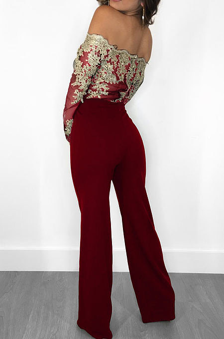 Black Bodycon Long Sleeve Embroidered Lace Patchwork Strapless Wide Leg Jumpsuits QZ3227-3