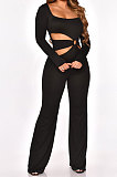 Brow Sexy Cotton Blend Pure Color Long Sleeve Hollow Out Wide Leg Jumpsuits QZ6128-1