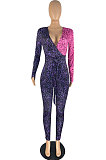Blue Yellow Wholesale Contarstcolor Spliced Letter Printing Long Sleeve V Collar Beltband Bodycon Jumpsuits TL6611-1