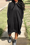 Red Cotton Blend Casual Pure Color Long Sleeve Loose Hooded Dress H1726-2