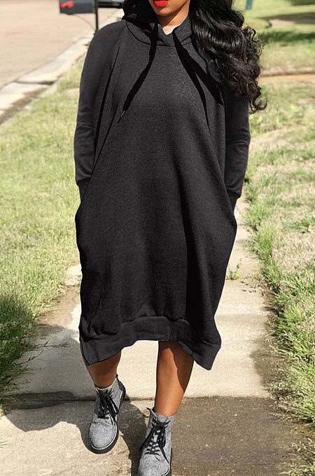 Black Cotton Blend Casual Pure Color Long Sleeve Loose Hooded Dress H1726-4