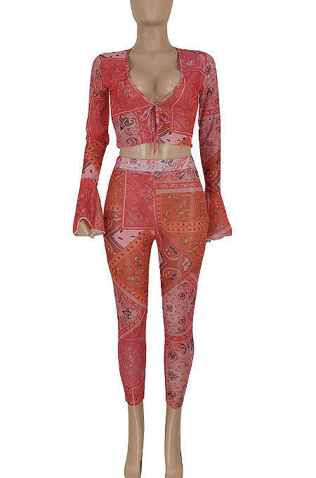 Purple Euramerican Women Fashion Sexy Mesh Spaghetti Printing Horn Sleeve Pants Sets FFE180-2