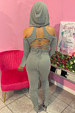 Black Casual Cotton Blend Off Shoulder Long Sleeve Back Bandage Hoodie High Waist Slit Ruffle Pants Solid Color Sets WM21907-1