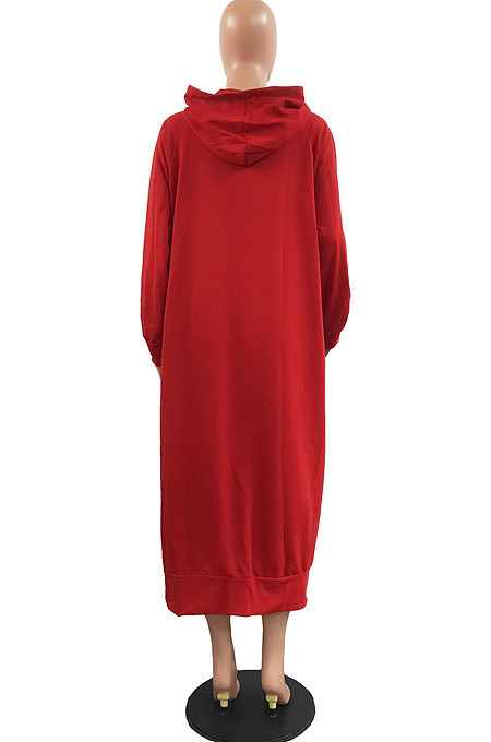 Blue Cotton Blend Casual Pure Color Long Sleeve Loose Hooded Dress H1726-5