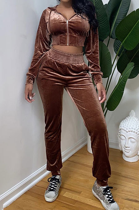 Khaki Casual Velvet Pure Color Long Sleeve Zip Front Hoodie High Waist Elasticbelt Sweat Pants Sets SY8826-3