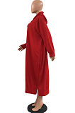 Red Cotton Blend Casual Pure Color Long Sleeve Loose Hooded Dress H1726-2