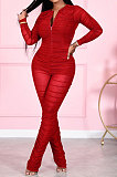 Red Women Fashion Sexy Mesh Spaghetti Long Sleeve Zipper Ruffle Bodycon Jumpsuits FFE186-2