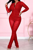 Red Women Fashion Sexy Mesh Spaghetti Long Sleeve Zipper Ruffle Bodycon Jumpsuits FFE186-2