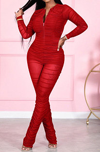Red Women Fashion Sexy Mesh Spaghetti Long Sleeve Zipper Ruffle Bodycon Jumpsuits FFE186-2