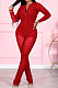 Red Women Fashion Sexy Mesh Spaghetti Long Sleeve Zipper Ruffle Bodycon Jumpsuits FFE186-2