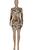 Leopard Women Sexy Backless Long Sleeve Half Turtle Neck Bodycon Mini Dress FFE182