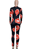 Black Women Cute Lips Sexy Long Sleeve Zipper Bodycon Jumpsuits MOL175-1