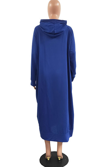 Wine Red Cotton Blend Casual Pure Color Long Sleeve Loose Hooded Dress H1726-1