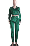 Grey Casual Velvet Pure Color Long Sleeve Zip Front Hoodie High Waist Elasticbelt Sweat Pants Sets SY8826-5