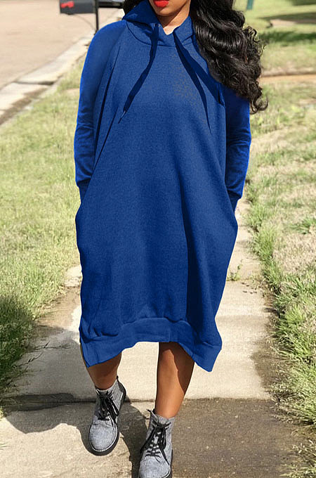 Blue Cotton Blend Casual Pure Color Long Sleeve Loose Hooded Dress H1726-5